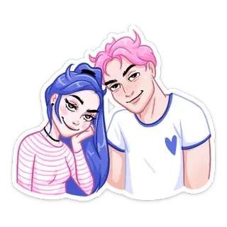 😊 пара, мультфильм, иллюстрация, розовые волосы, голубые волосы, милый whatsapp sticker