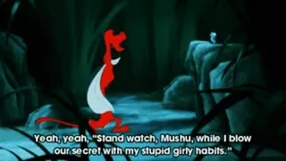 🐉 Mushu Mulan Yeah, yeah, "Stand watch, Mushu, while I blow our secret with my stupid girly habits." Mulan, Mushu, Dessin animé, Film telegram sticker