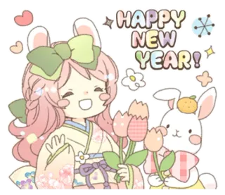 🐰 HAPPY NEW YEAR! capodanno, coniglio, kawaii, stile anime, carino, festa telegram sticker