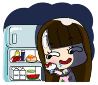 😋 cartoon, girl, food, cupcake, refrigerator, snack, dessert, cute whatsapp sticker