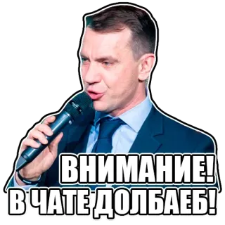 🗣 ВНИМАНИЕ!
В ЧАТЕ ДОЛБАЕБ! attention, warning, insult, microphone, man, speaker telegram sticker