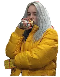 🍺 Billie Eilish билли айлиш, певица, музыкант, знаменитость, желтая куртка, пьёт, поп-звезда telegram sticker