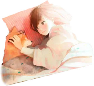 ❄ girl, dog, glasses, bed, pet, relax, cute, anime telegram sticker