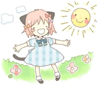 ☀️ Anime, Fofo, Garota, Feliz, Orelhas de gato, Sol, Flores telegram sticker