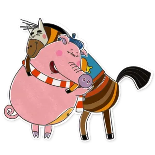 ❤ porco, cavalo, animais, desenho animado, abraço, amizade telegram sticker