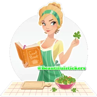 👩 Cook Book
@Beautifulstickers cozinhar, mulher, cozinha, cozinhar, salada, avental, comida, livro de receitas telegram sticker