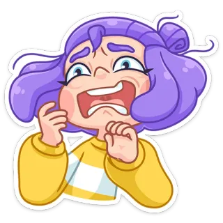 😧 cartone animato, ragazza, spaventata, ansiosa, capelli viola, maglione giallo, espressione, paura telegram sticker