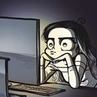😴 Cartoon, Mädchen, Computer, gelangweilt, schauen, digitale Kunst telegram sticker