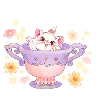☺️ Marie The Aristocats gato, taza de té, disney, marie, lindo, dibujos animados, gatito telegram sticker