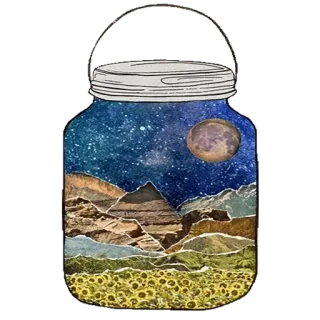 😒 梅森罐, 风景, 月亮, 夜晚, 星星, 山, 向日葵, 拼贴画 telegram sticker