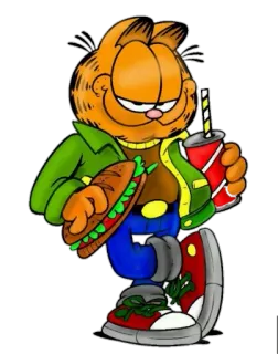 🍔 Garfield desenho animado, gato laranja, sanduíche, refrigerante, personagem telegram sticker