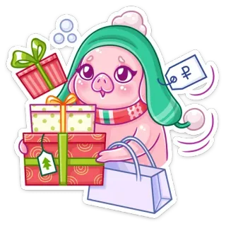 🎁 cerdo, compras, regalos, lindo, invierno, año nuevo telegram sticker