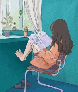 😒 読書, 女の子, 本, 椅子, 窓, 植物, 室内, イラスト telegram sticker