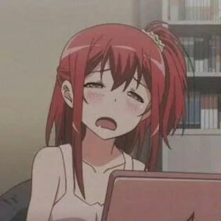 😴 fille anime, cheveux roux, dégoût, fatigué(e), ordinateur, dessin animé telegram sticker