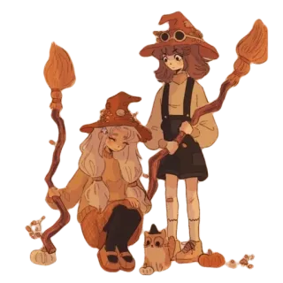 👯‍♀️ witch, broom, halloween, fall, cartoon, magical, autumn, cute telegram sticker