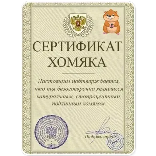 🐶 СЕРТИФИКАТ
ХОМЯКА
Настоящим подтверждается,
что ты безоговорочно являешься
натуральным, стопроцентным,
подлинным хомяком.
Подпись врача
ВРАЧ sertifikat, hamster, lucu, penghargaan, hewan telegram sticker