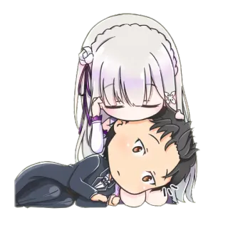 💜 Emilia Re:Zero anime, couple, cute, chibi, Emilia, Subaru whatsapp sticker
