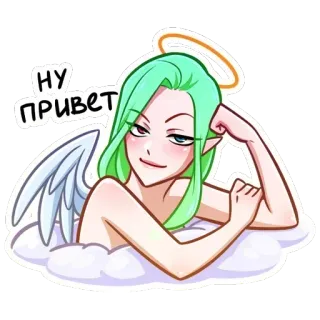 🔞 НУ ПРИВЕТ angel, halo, cute, cartoon, greeting, clouds telegram sticker