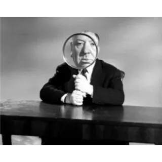 😐 Alfred Hitchcock อัลเฟรด ฮิตช์ค็อก, ผู้กำกับ, แว่นขยาย, ขาวดำ, ภาพเหมือน, ผู้กำกับภาพยนตร์, ไอคอนภาพยนตร์ whatsapp sticker
