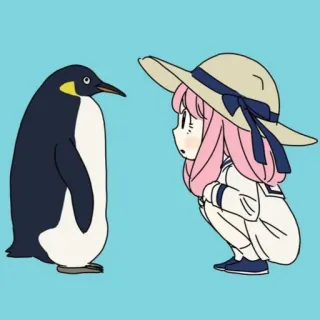 🐧 Anime, Pingüino, Chica, Sombrero, Lindo, En cuclillas, Dibujos animados, Animal telegram sticker