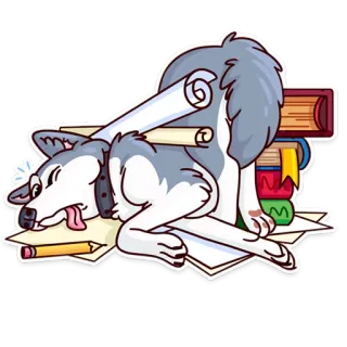 📚 perro, cansado, libros, lápiz, papeles, agotado, estudio, perezoso whatsapp sticker