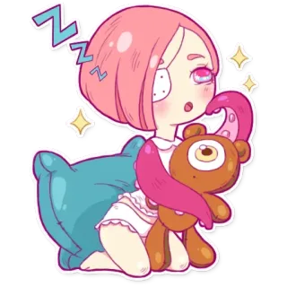 😙 sticker, cartone animato, sonno, kawaii, capelli rosa, ragazza anime, orsacchiotto, cuscino whatsapp sticker