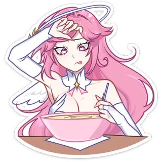 🍜 Anime, Chica, Linda, Pelo rosa, Comiendo, Comida, Pegatina telegram sticker