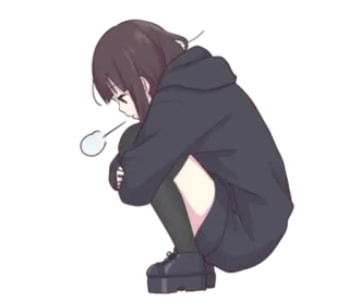 🙁 Anime, Dziewczyna, Smutna, Bluza z kapturem, Kucająca telegram sticker
