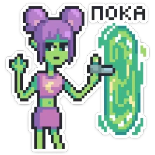 👋 ПОКА Alien, Cartoon, Portal, Pixel Art, Lila, Grün, Tschüss whatsapp sticker
