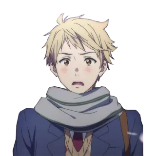 😦 anime, blonde hair, scarf, worried, cartoon, male whatsapp sticker