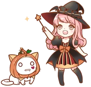 😊 strega, halloween, carino, cartone animato, gatto, zucca, kawaii, chibi telegram sticker