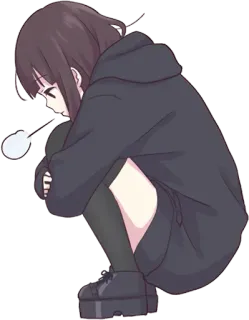 😞 Anime, Chica, triste, Sudadera con capucha, agachada, Dibujo animado telegram sticker