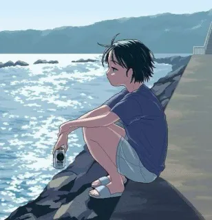 🖤 anime, ragazza, spiaggia, oceano, paesaggio, arte, illustrazione, pacifico telegram sticker