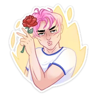 🌹 sticker, cartoon, rose, mann, pinke haare, friedenszeichen telegram sticker
