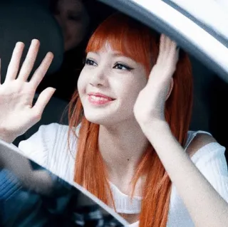 👋 woman, person, red hair, smiling, car, window, k-pop telegram sticker