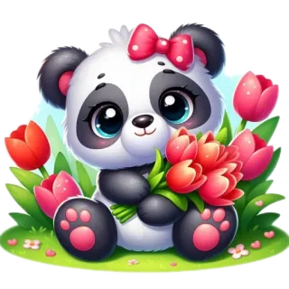 🧸 Panda, Tulipanes, Lindo, Animal, Flores, Kawaii, Pegatina whatsapp sticker
