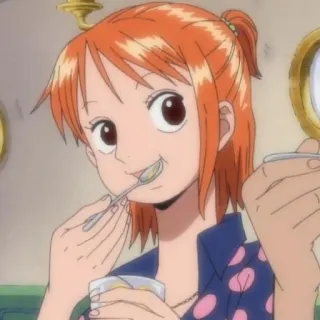 🧡 Nami One Piece 애니메이션, 만화, 여성, 주황색 머리, 먹는, 숟가락, 캐릭터 telegram sticker
