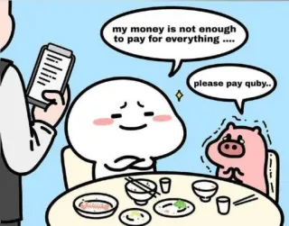😐 my money is not enough to pay for everything .... please pay quby.. การ์ตูน, เงิน, ร้านอาหาร, อาหารเย็น, เศร้า, หมู telegram sticker