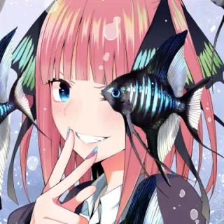😁 anime, garota, peixe, sorrindo, cabelo rosa, olhos azuis telegram sticker