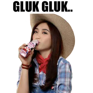 🍼 GLUK GLUK.. minum, wanita, gluk gluk, topi jerami, minuman whatsapp sticker