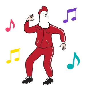 💃 Huhn, tanzen, roter Trainingsanzug, Noten, Cartoon, lustig telegram sticker