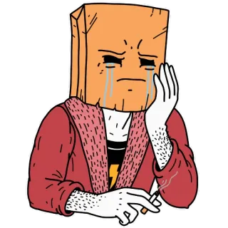 😭 traurig, weinend, Papiertüte über dem Kopf, Zigarette, Bademantel, Melancholie telegram sticker