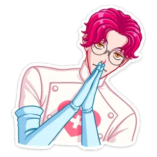 🙏 Anime, Cartoon, Charakter, Medizinisch, Arzt, Pinke Haare, Handschuhe, Medizinisches Symbol telegram sticker