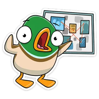 😱 anatra, cartone animato, cospirazione, indagine, lavagna, prova, pazzo whatsapp sticker
