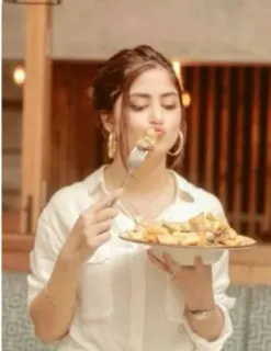😋 woman, food, eating, fork, plate, restaurant telegram sticker