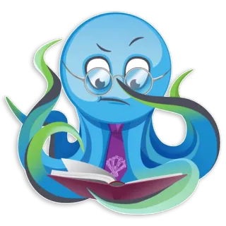 📖 ośmiornica, czytanie, okulary, kreskówka, zwierzę, niebieski telegram sticker