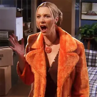 😱 Phoebe Buffay Friends femme, manteau orange, manteau de fourrure, actrice, télévision, sitcom telegram sticker