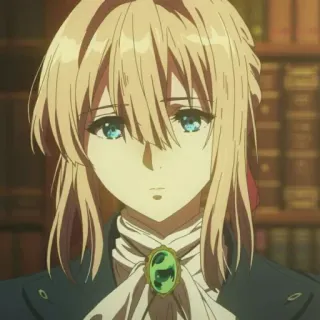 ✨ Violet Evergarden Anime, Ragazza, Capelli biondi, Occhi azzurri, Ritratto, Cartone animato telegram sticker