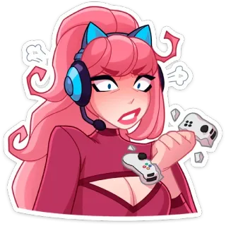 😡 游戏玩家, 生气, 控制器, 沮丧, 粉色头发, 耳机, 游戏, 卡通 whatsapp sticker