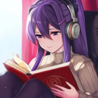 🎧 Yuri Doki Doki Literature Club! animé, lecture, casque audio, cheveux violets, livre, Doki Doki Literature Club whatsapp sticker